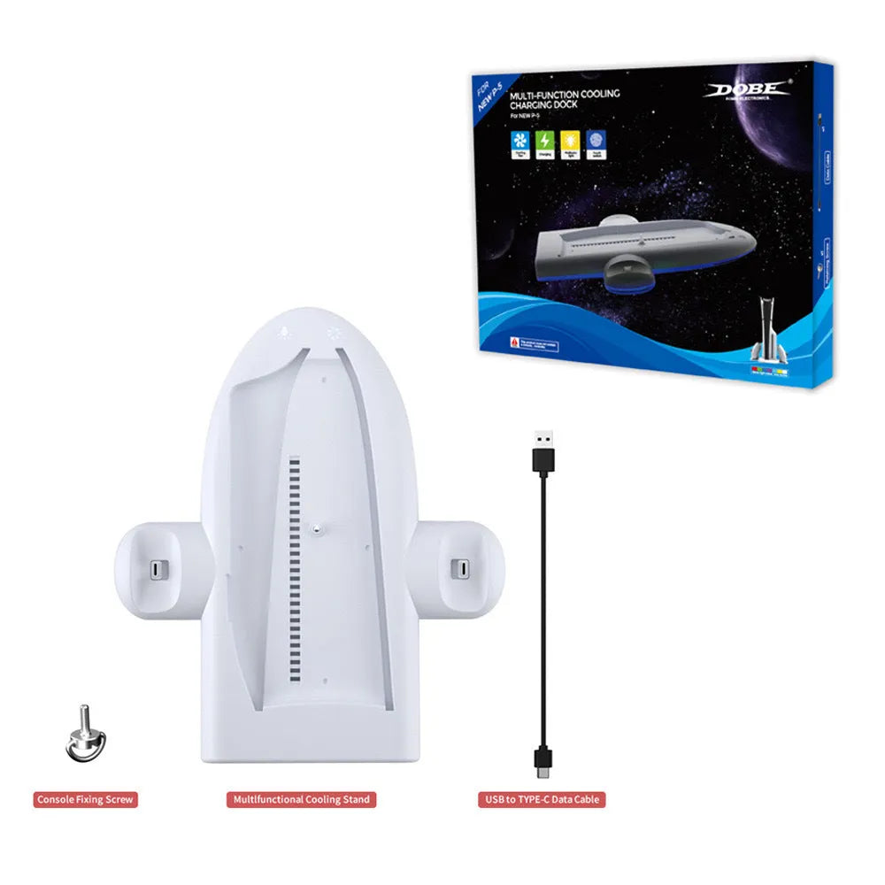 White PS5 Slim charging base with cooling fan, RGB lights, and charging belt