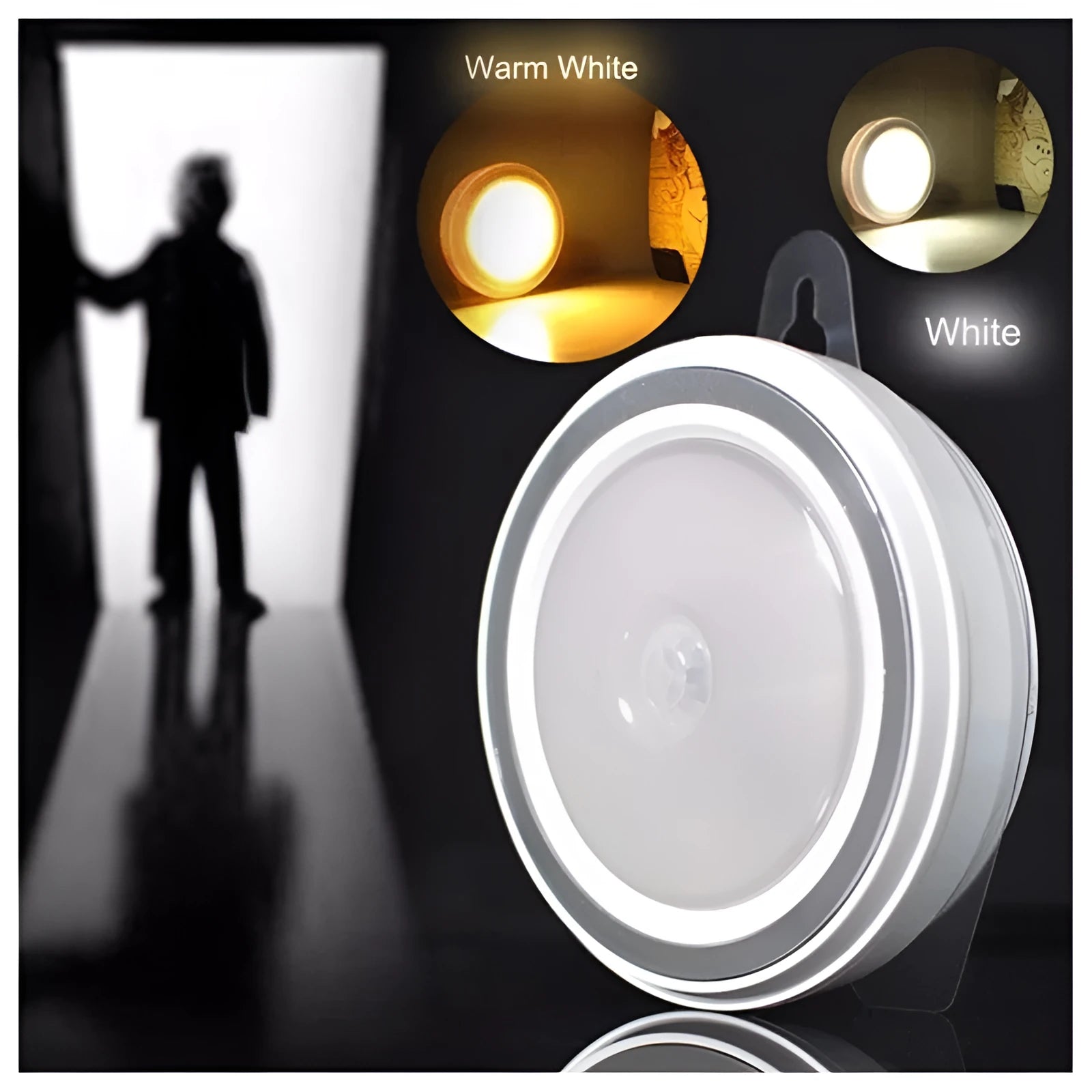 Circular motion sensor LED light unit showing front diffuser and compact 80mm diameter design