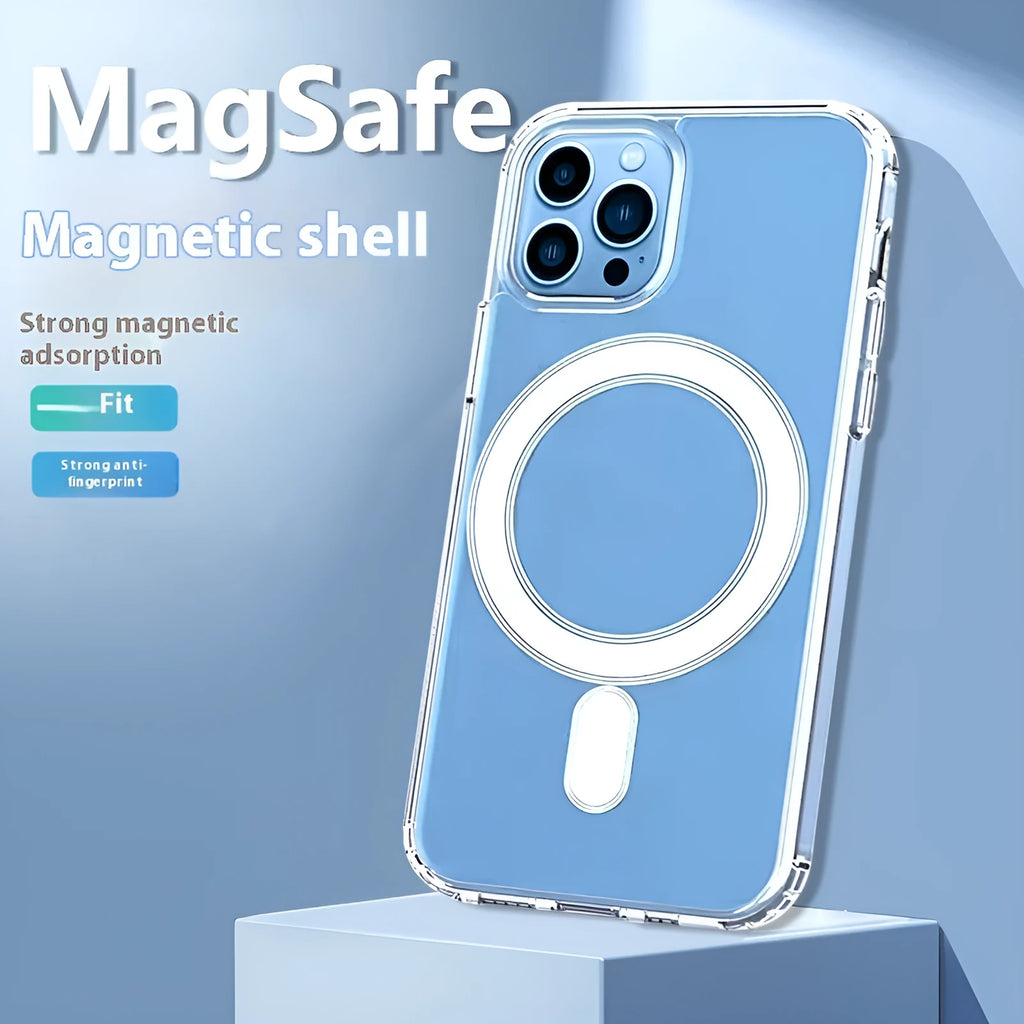 Magnetic transparent PC phone case with straight-edge airbag protection for Apple iPhone, transparent colour, simple design