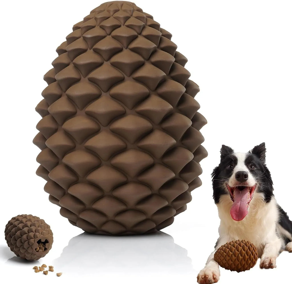 Natural rubber pine cone shaped dog chew toy with treat dispenser hole