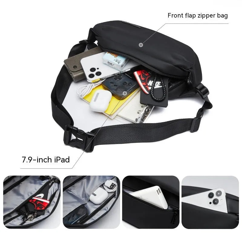 Black oxford cloth men's messenger bag with a cross-body strap.