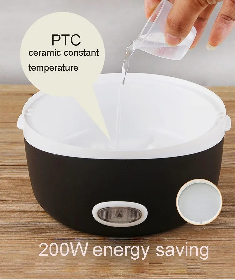 USB-powered portable electric lunch box showing three-layer 2L container with 190mm cubic dimensions