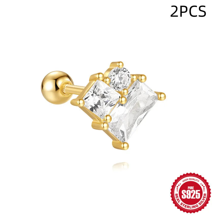 S925 sterling silver stud earrings with red square gravel stones and flower design in gold finish