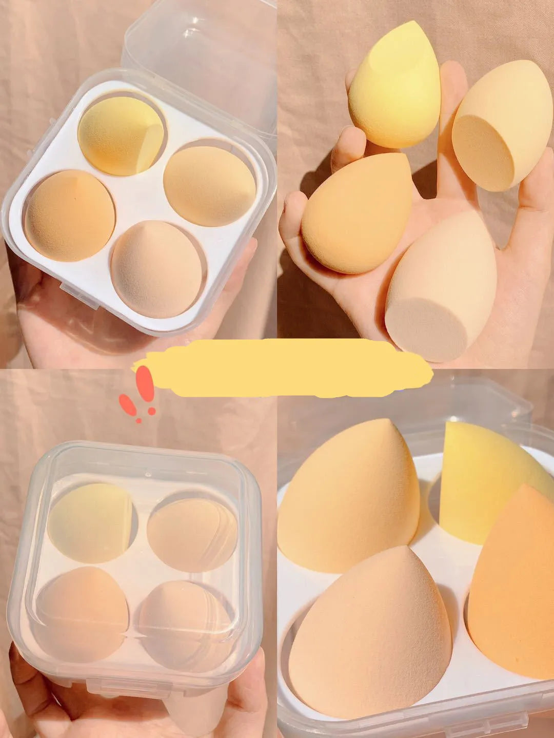 Four cosmetic sponge eggs in grape, mango, mint, and peach colours, each 6cm in size