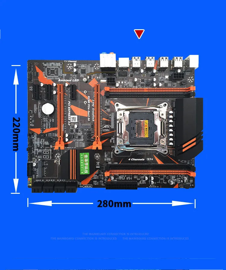 Black X99 chipset computer motherboard with LGA2011-3 socket, four DDR4 slots, PCIe slots, and M.2 connector