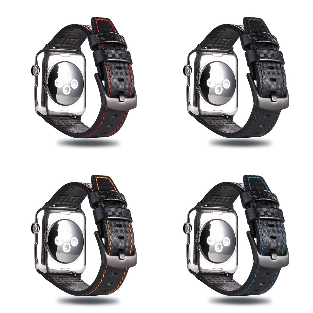 Carbon fibre and leather Apple Watch strap with patterned PC case in red, black, blue, and orange.
