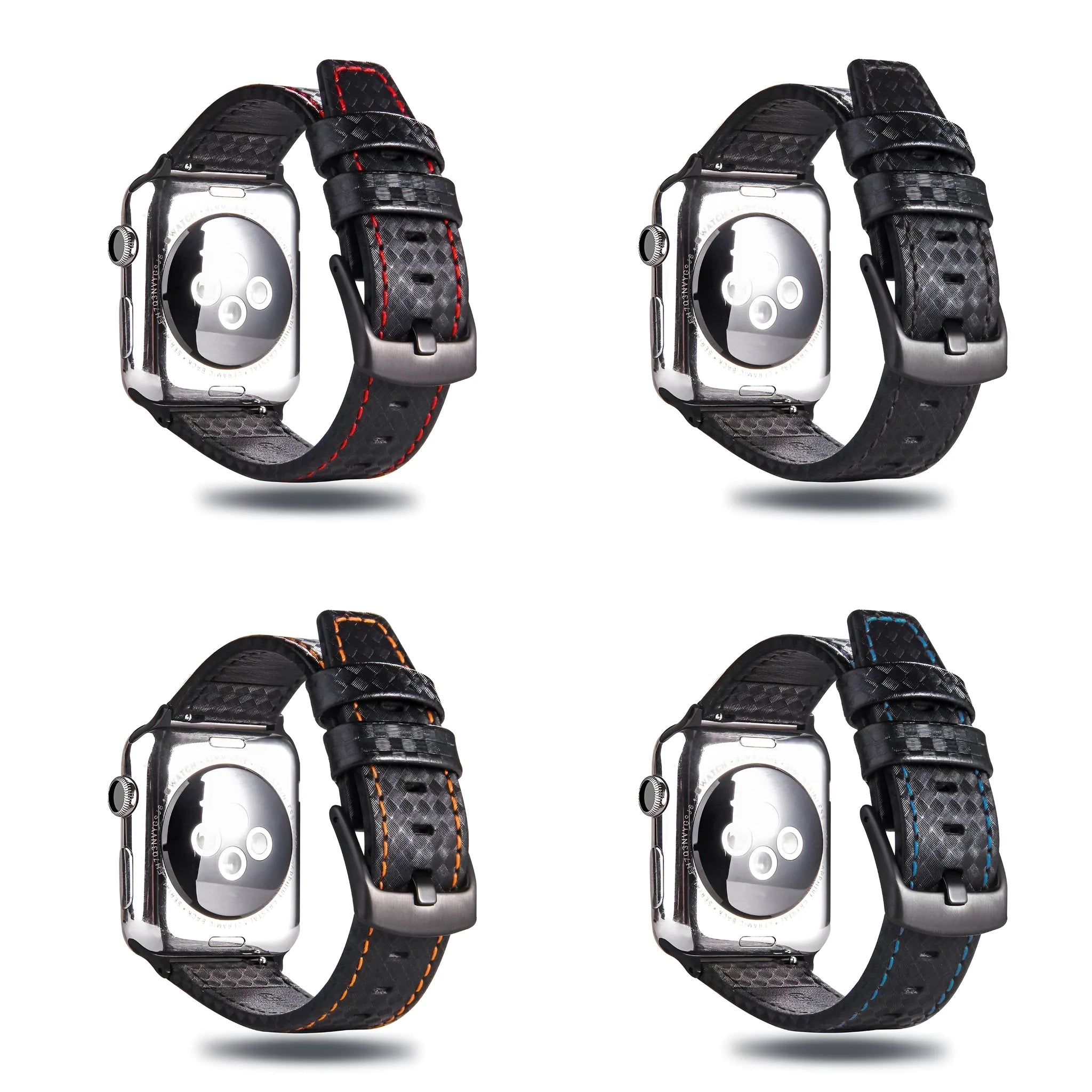 Carbon fibre and leather Apple Watch strap with patterned PC case in red, black, blue, and orange.