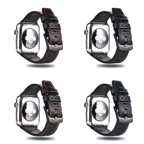 Carbon fibre and leather Apple Watch strap with patterned PC case in red, black, blue, and orange.