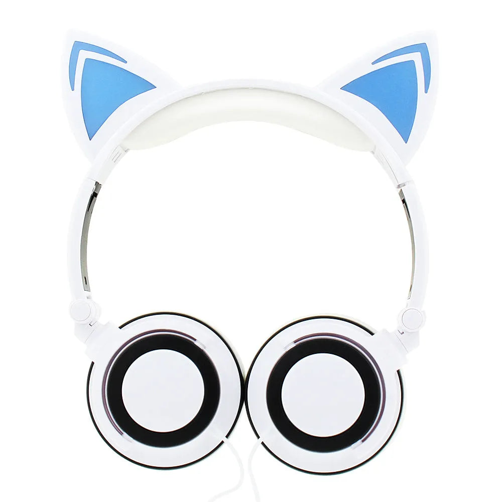 Colourful LED cat ear headphones with glowing ears and cushions, showing 3.5mm plug.