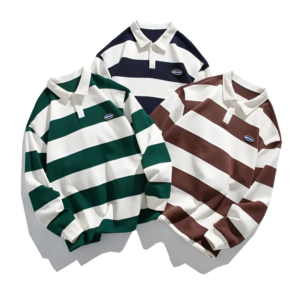 Man's loose fit long sleeve polo shirt with Hong Kong style stripes in pearl cotton fabric, shown in coffee colour.
