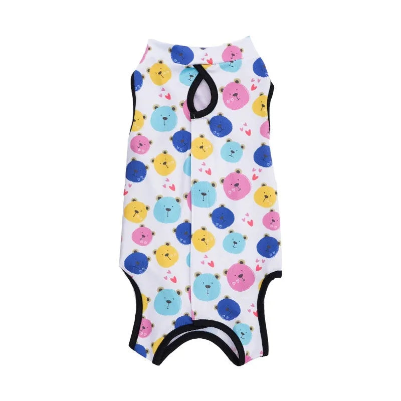 Polyester cat recovery suit with Velcro fasteners for post-sterilisation wound protection in various colours.