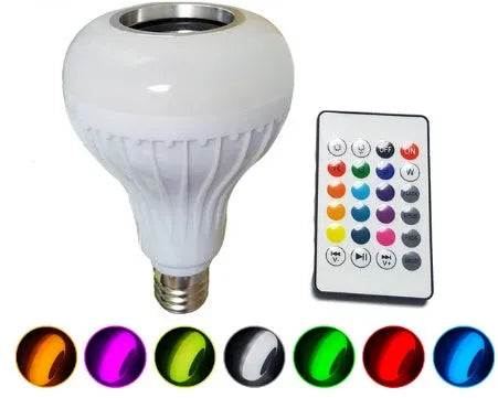 White Bluetooth speaker LED light bulb with E27 base and remote control for colour-changing mood lighting.