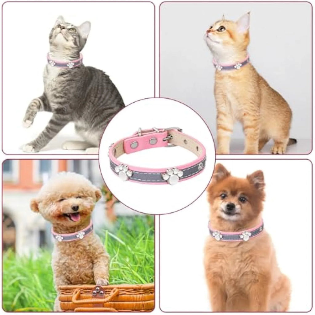 Reflective adjustable dog collar with paw-shaped rivets on PU leather in multiple sizes