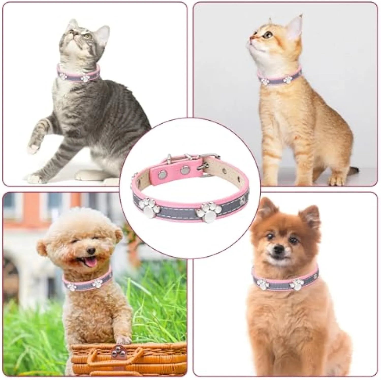 Reflective adjustable dog collar with paw-shaped rivets on PU leather in multiple sizes