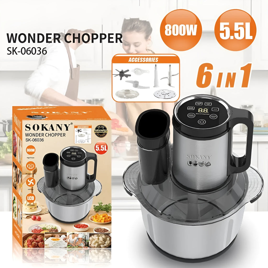 Stainless steel meat grinder and food processor machine on a kitchen countertop