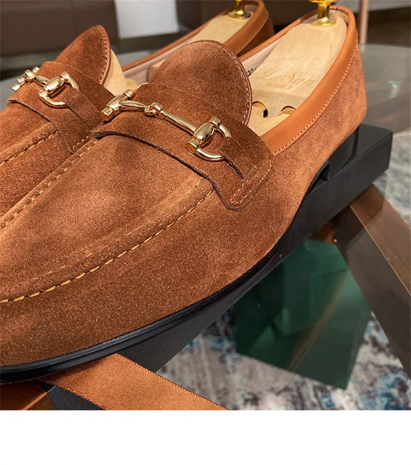 Men's soft structure suede horsebit slip-on shoes in dark brown with one-pedal design