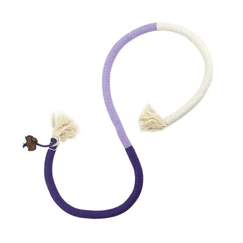 Long purple, orange, and red-with-green cotton rope cat toys stuffed with catnip for biting and playing.