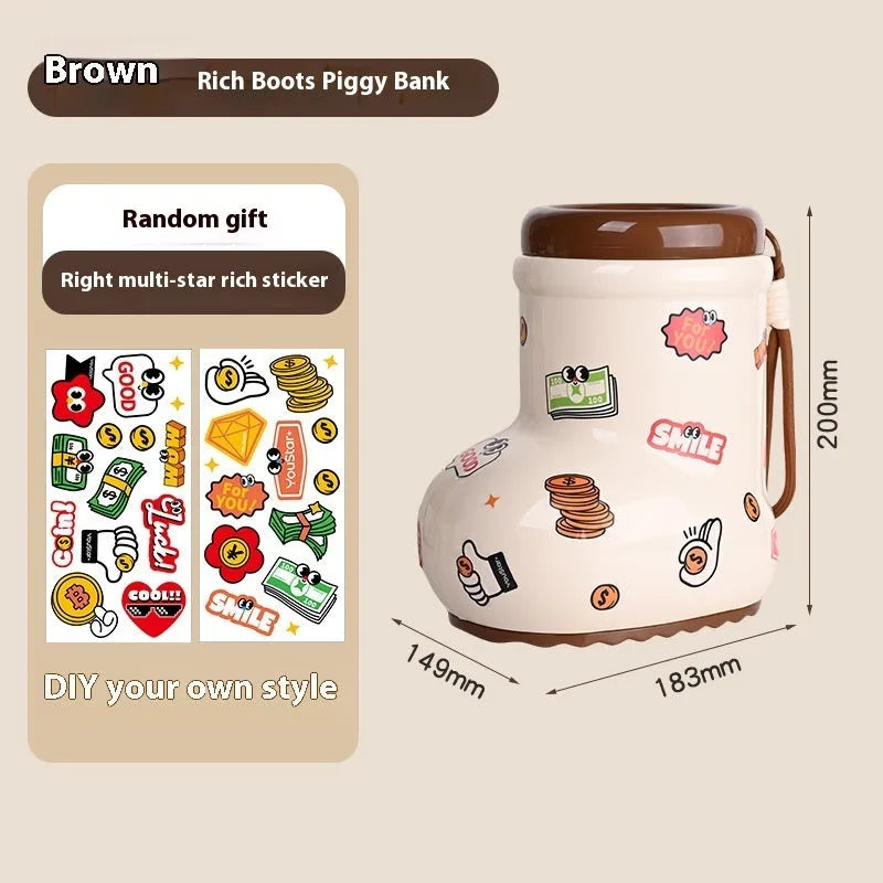 Red and brown cartoon-style desktop storage organiser with grid pattern and sticker set for labelling.