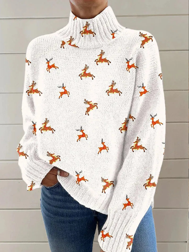 Women's Christmas printed turtleneck sweater showing painting pattern and loose fit