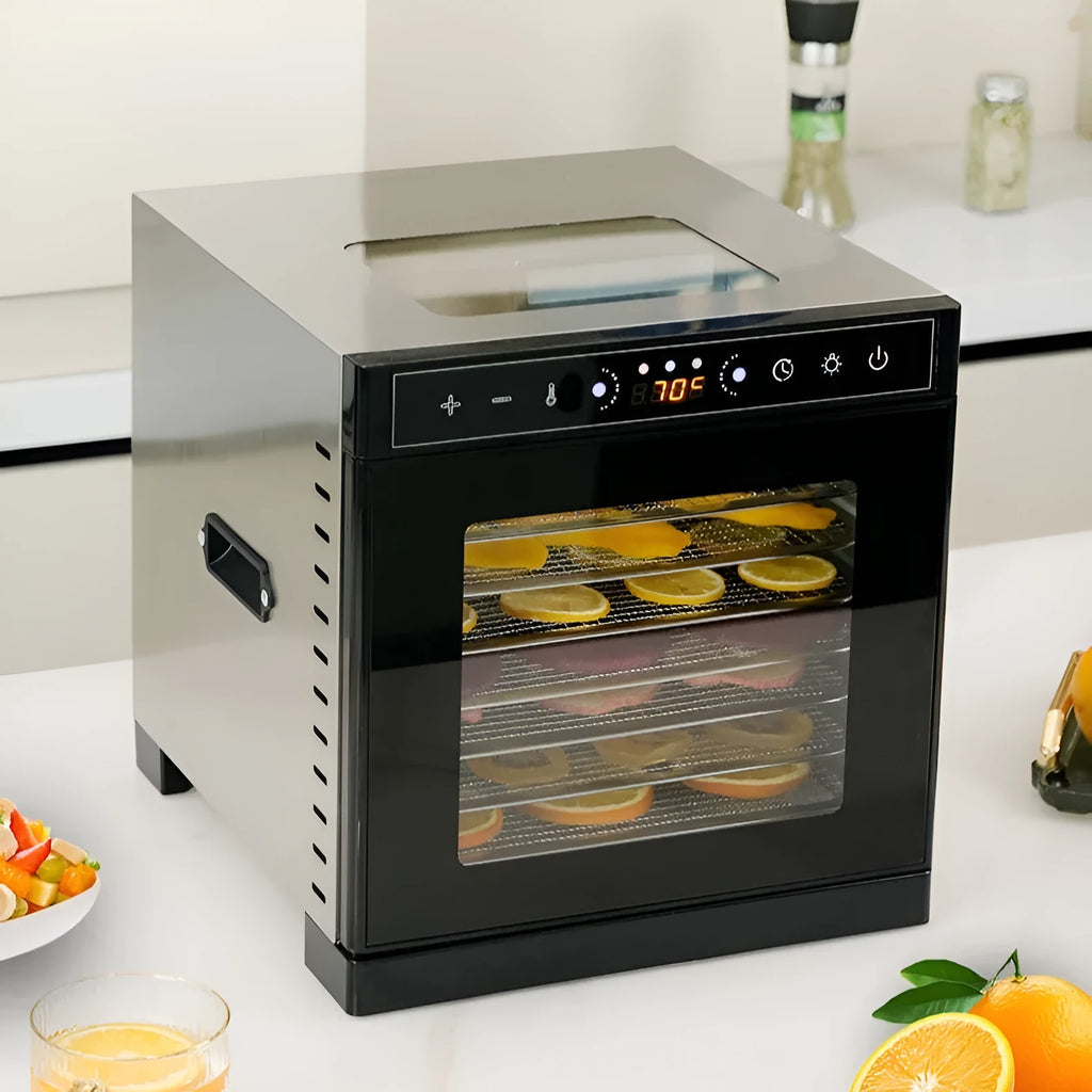 Stainless steel fruit dehydrator with visual skylight showing stacked drying trays inside