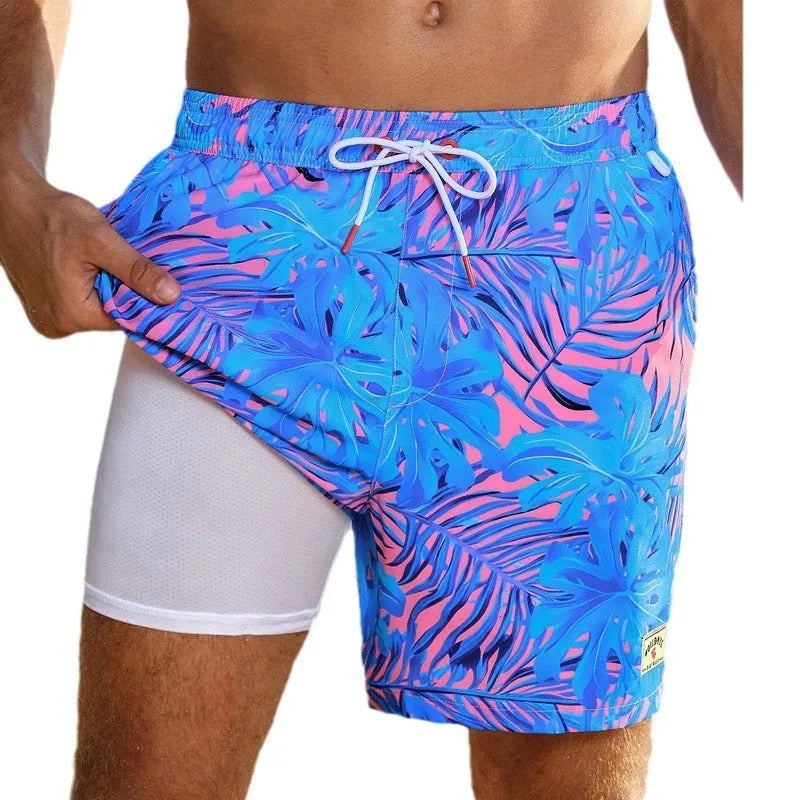 Men's loose floral pattern swimming trunks in quick-drying spandex fabric