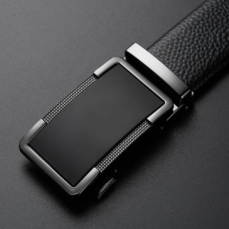 Men's leather automatic buckle belt in gun black, silver, and gold colour options on a white background