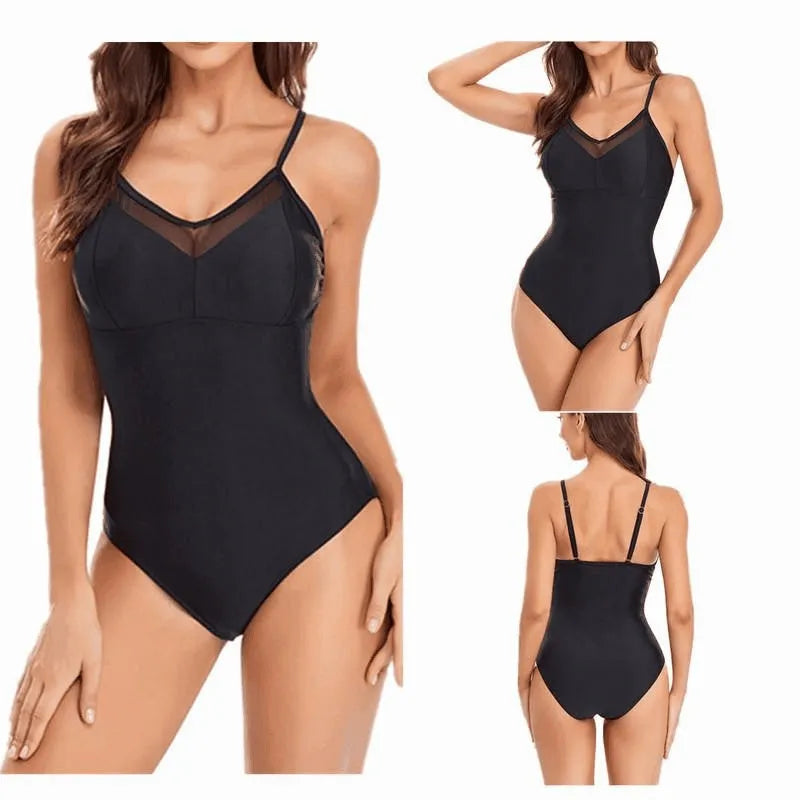 Black backless one-piece swimsuit laid flat showing solid colour and high-elasticity fabric.