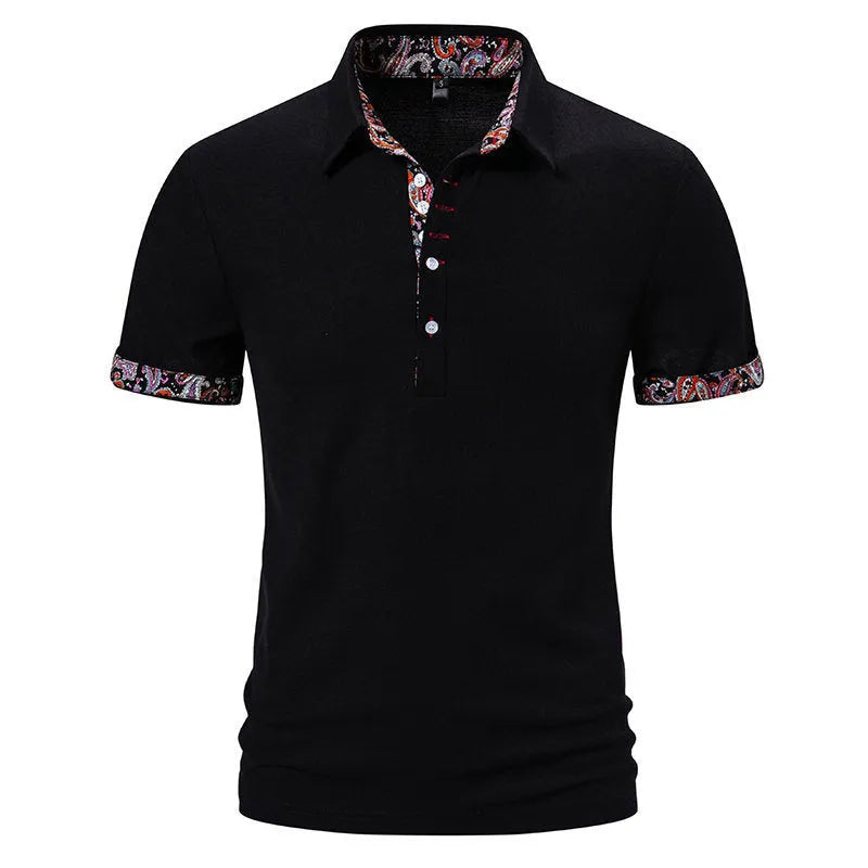 Men's white short sleeve polo shirt with colour stitching on the turnover neck collar