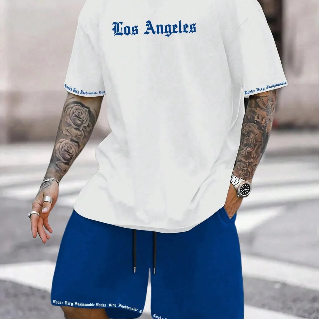 Sports style short-sleeved shorts set with printing pattern in polyester blend fabric