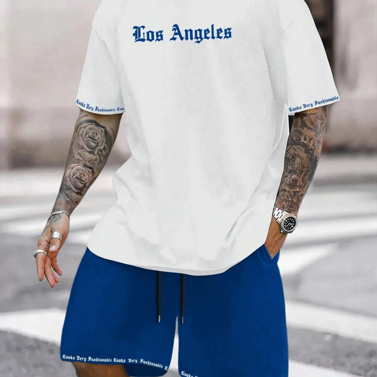 Sports style short-sleeved shorts set with printing pattern in polyester blend fabric