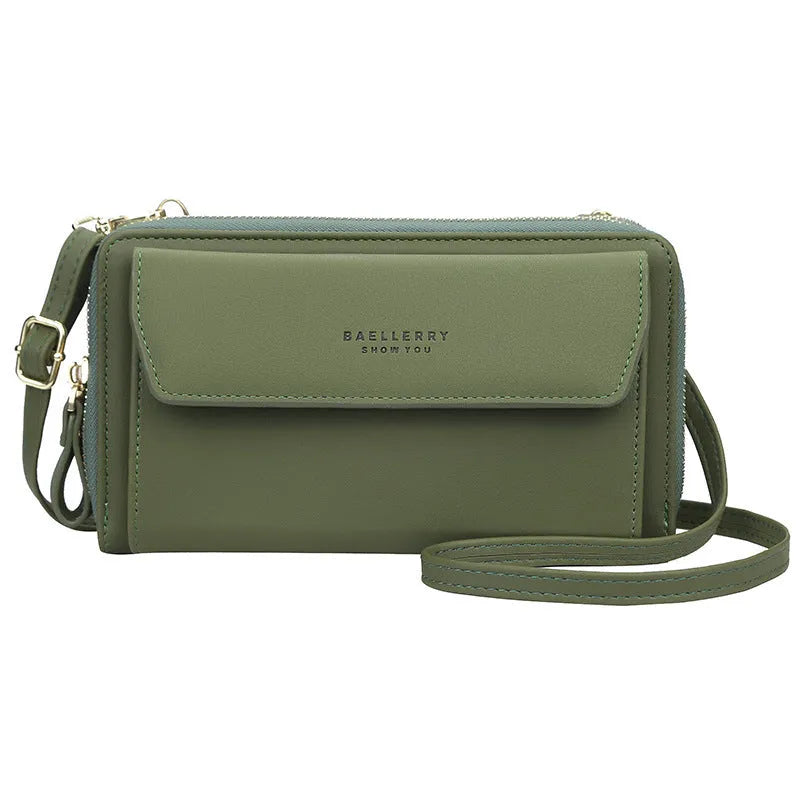 Ladies soft PU leather diagonal messenger wallet bag with double zipper in horizontal square shape