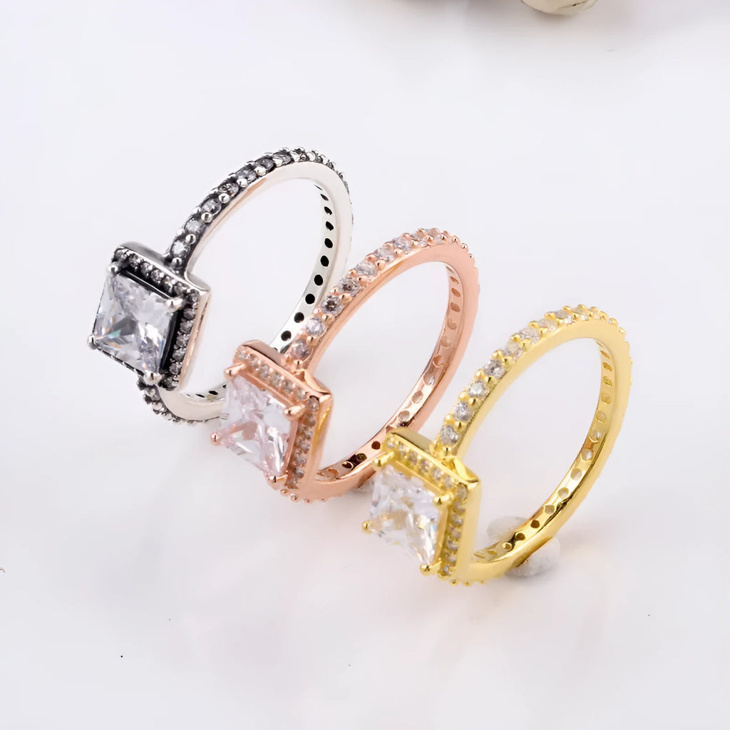White copper ring with square cubic zirconia moon geometric design in silver