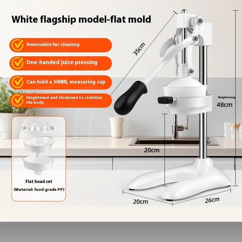 Manual stainless steel and nylon citrus juicer on a countertop, 480cm size with flat mould head.