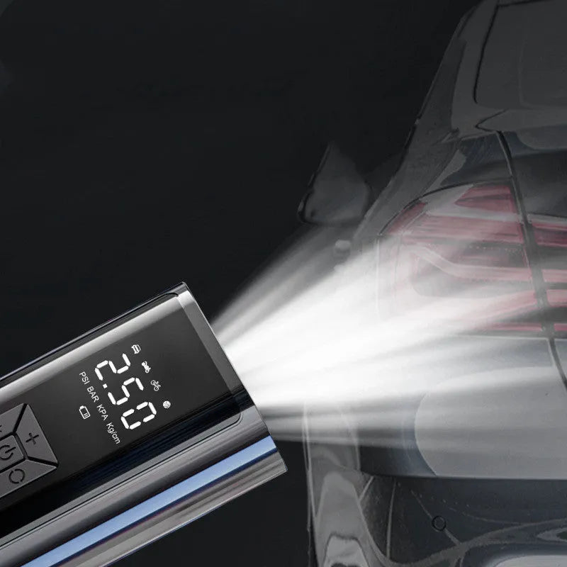 Portable wireless digital display electric car tyre pump with LED light on a black ABS and metal body.