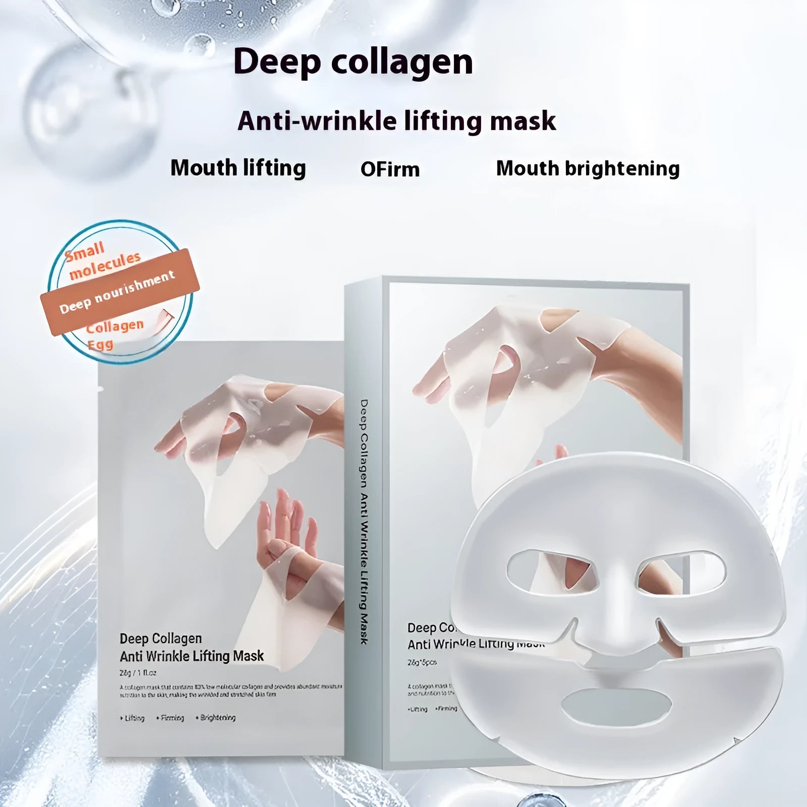 Single piece 28ml collagen anti-wrinkle moisturising facial mask for universal skin types.