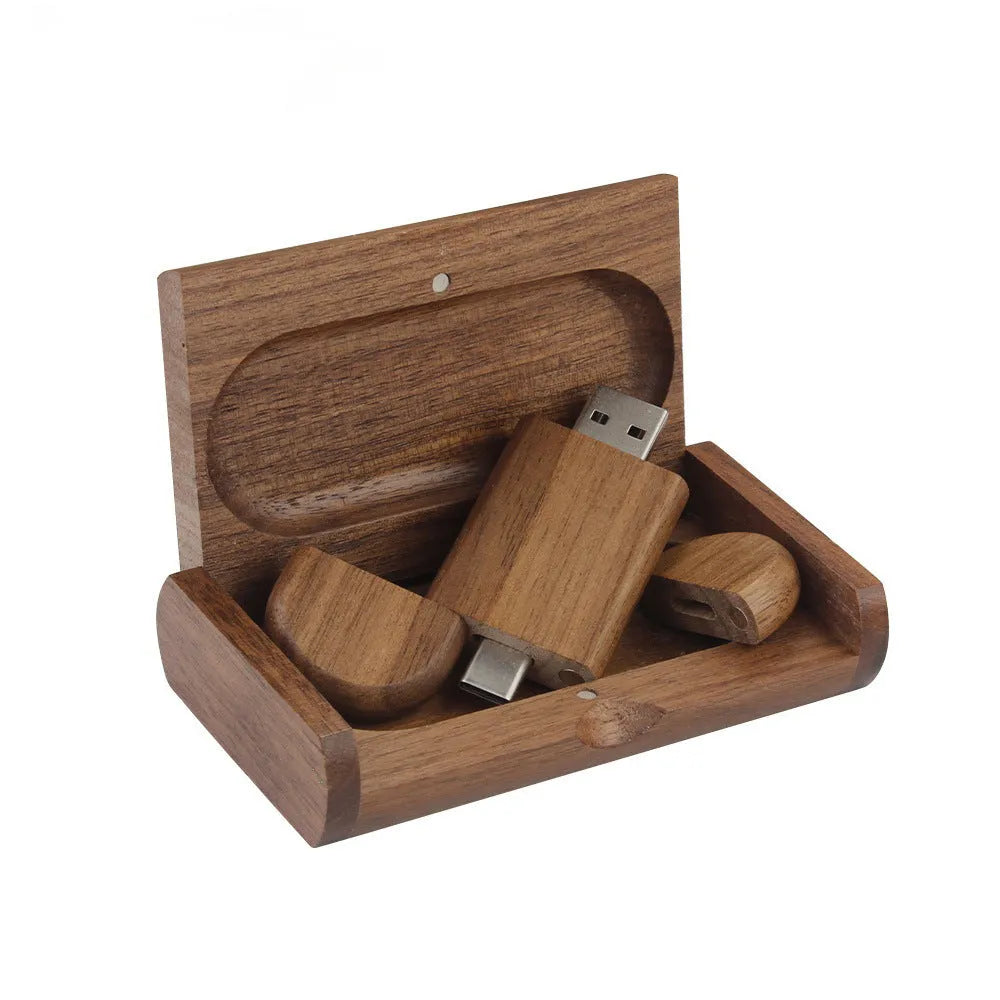 Wooden USB flash drive with carved maple box and USB-C connector for mobile phones