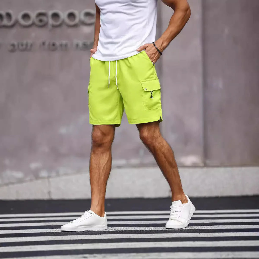 Men's loose fit work shorts in cool silk cotton fabric, available in fluorescent green and army green colours