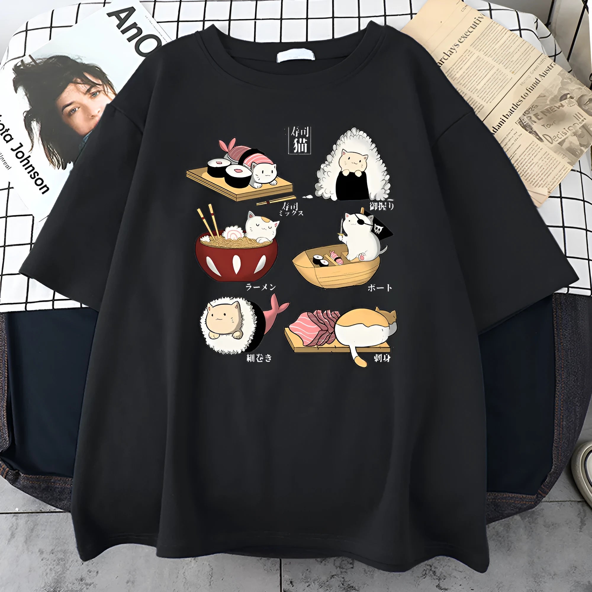 Men's black cotton T-shirt with white cat sushi cartoon print, short sleeves, loose fit