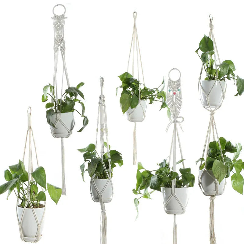 Beige cotton rope flower pot net bag handmade plant hanger hanging basket sling with adjustable bottom
