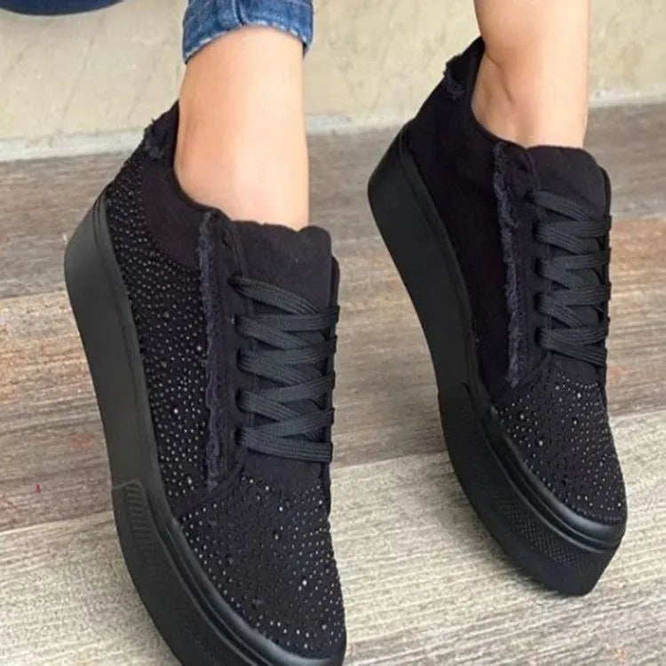 Plus size women's black lace-up casual shoes with rhinestones on round toe and thick flat rubber sole