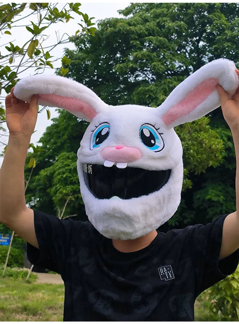 White rabbit head helmet cover for electric motorcycles with plush needle detailing