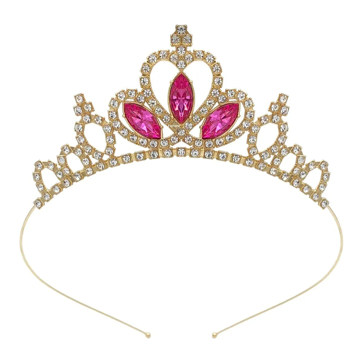 Gold electroplated alloy princess crown headdress with diamond-like decorations for birthday parties