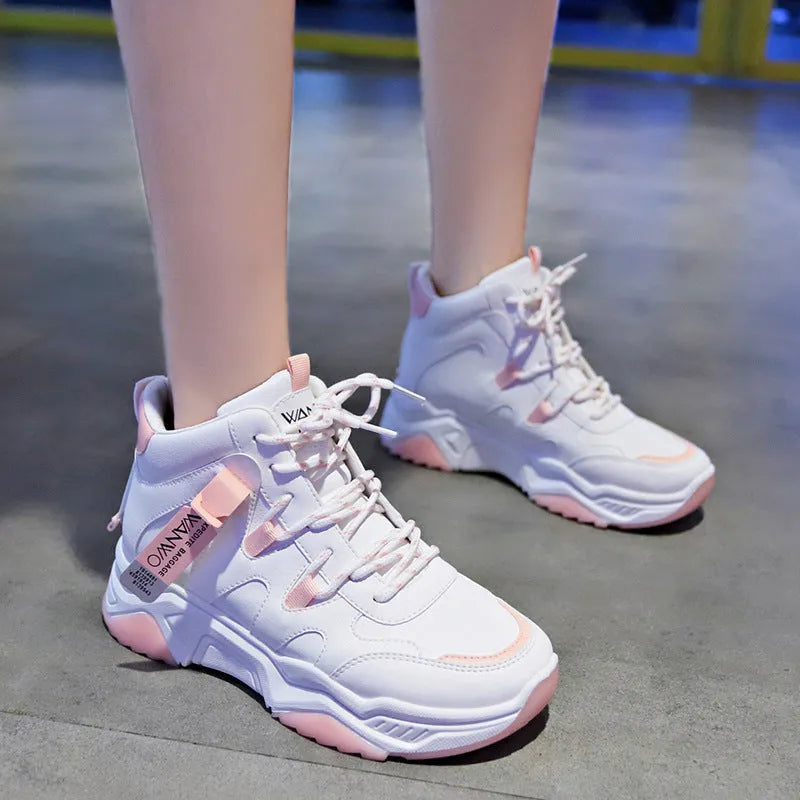 Women's high top white sneakers with PU upper, rubber sole, lace-up fastening on a plain background