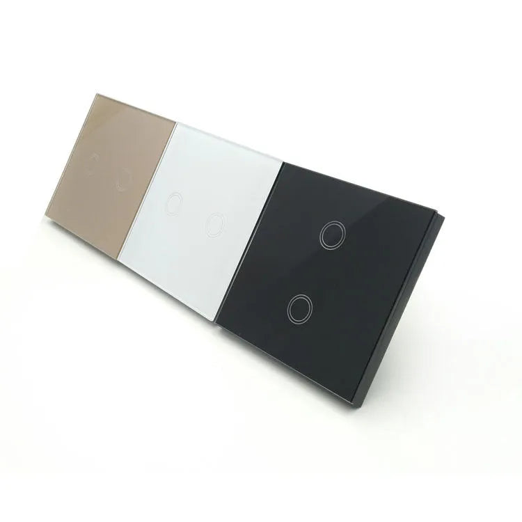 Type 86 tempered glass touch light switch for wall mounting in black, gold, or white.