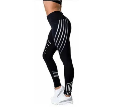Women's black and white milk silk fitness leggings with glowing print patterns, slim fit full-length design.