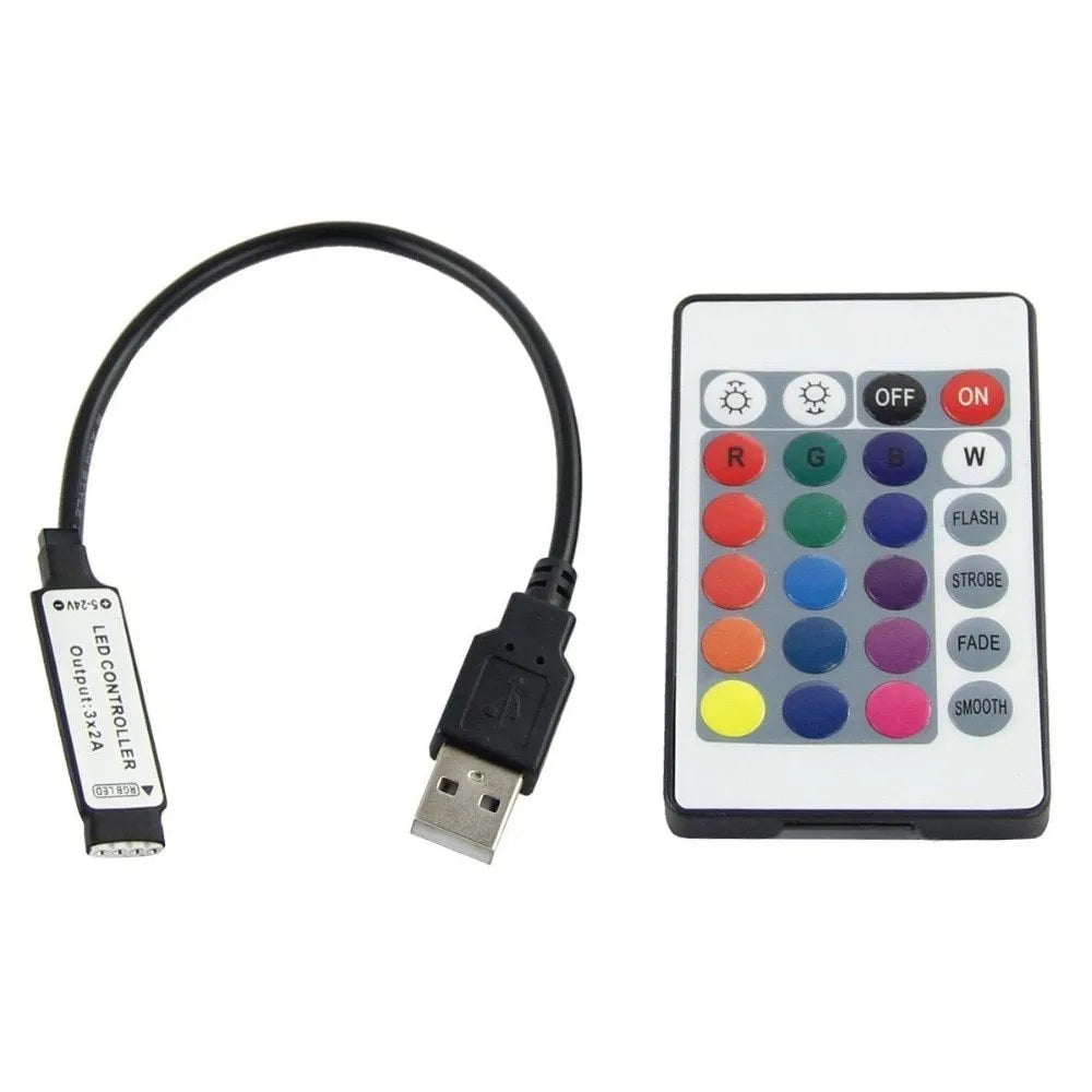 USB-powered LED light strip on a reel showing multiple colour options including white, blue, and red.