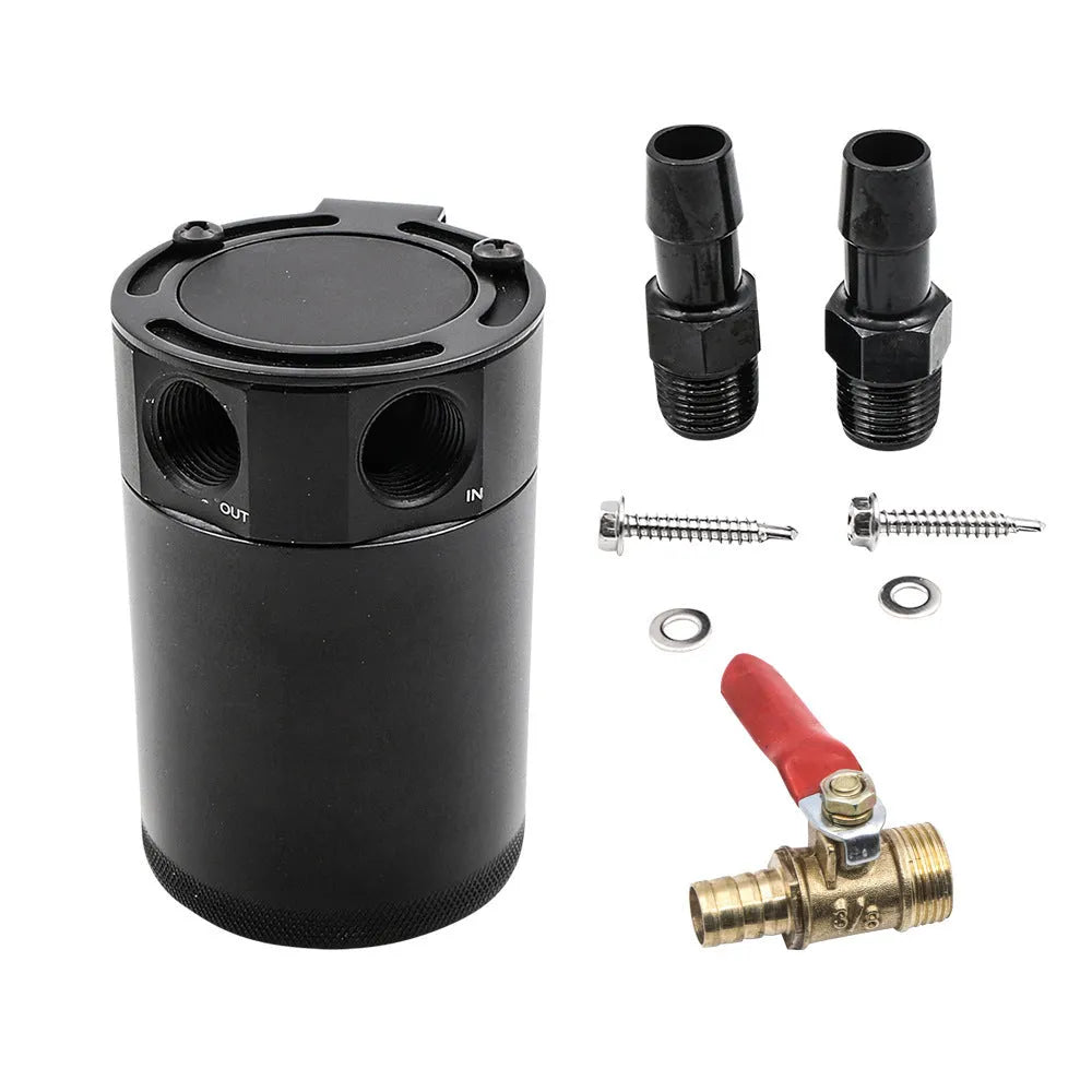 Two-hole aluminium automotive oil can with oil drain valve and connectors for vehicle maintenance