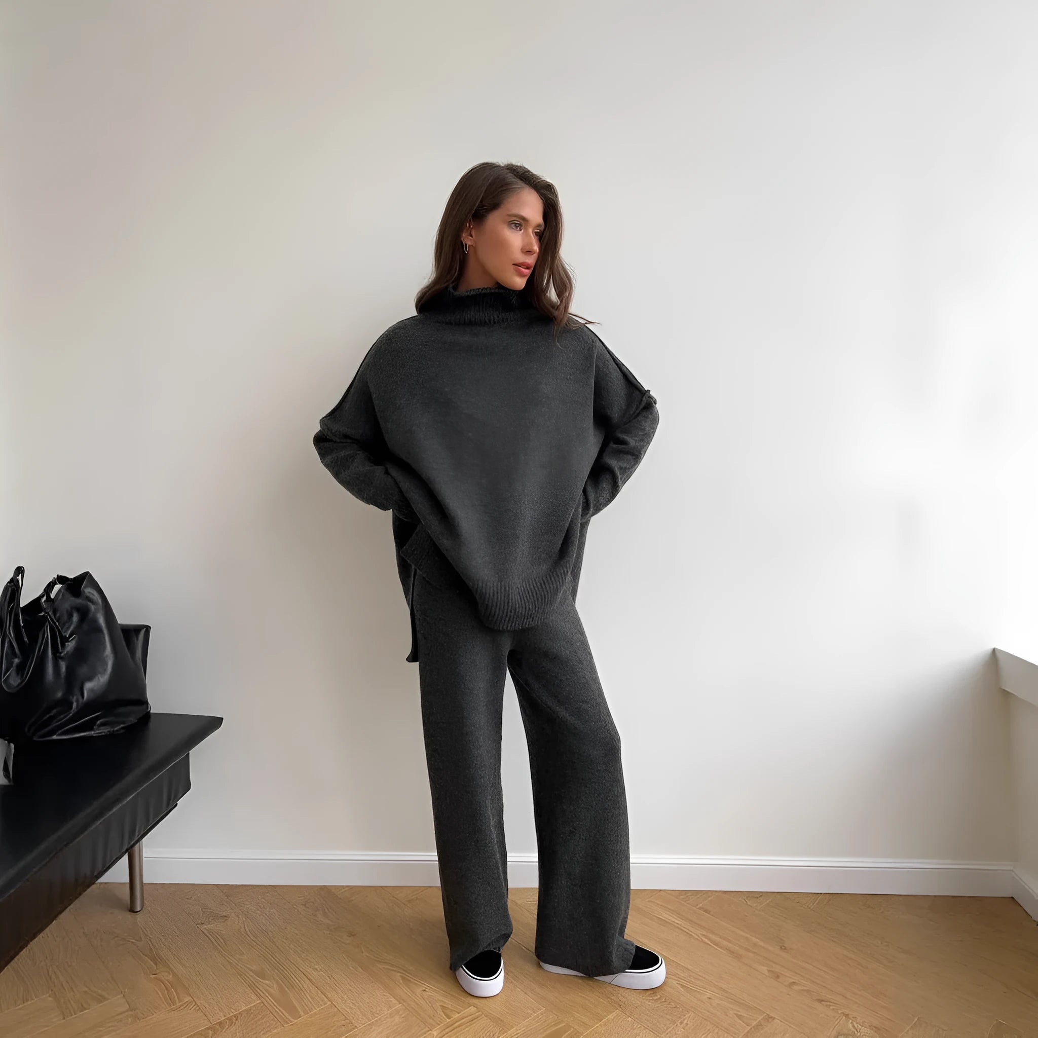 Women's acrylic suit set with side-slit sweater and trousers in solid colour