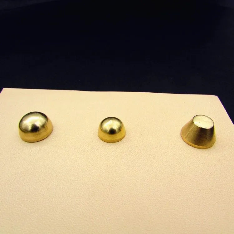 Brass decorative buckles showing round and bucket foot nail designs in 10x6mm and 12x7mm sizes
