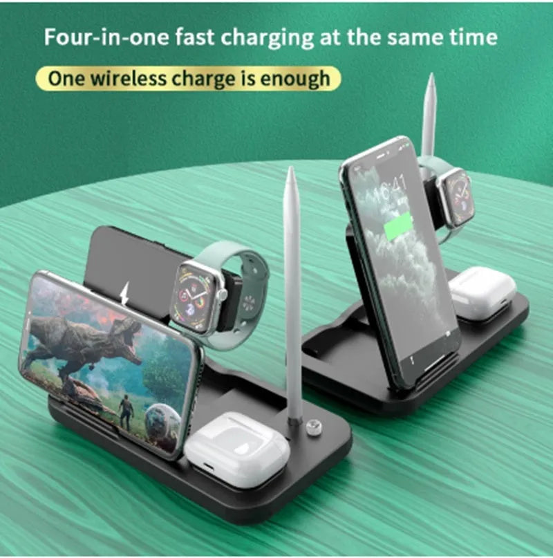 Black wireless charger pad with phone, watch, and headset placements